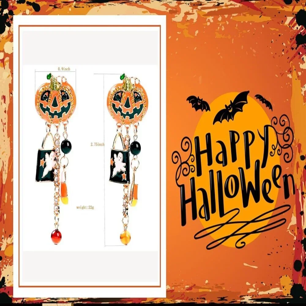 Women's Orange Halloween Pumpkin Copper Tassels Smiling Dangle Face Earrings